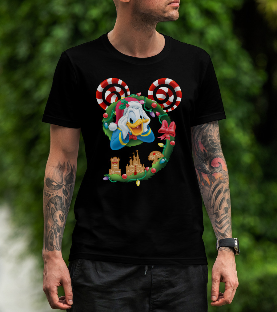 Donald Duck Christmas Wreath With Candy Cane Mickey Ears And Gingerbread Castle T-Shirt