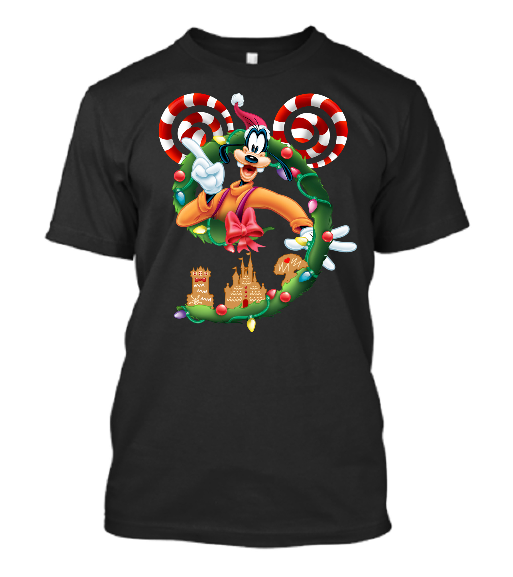 Goofy Christmas Wreath With Candy Canes And Gingerbread Castles T-Shirt