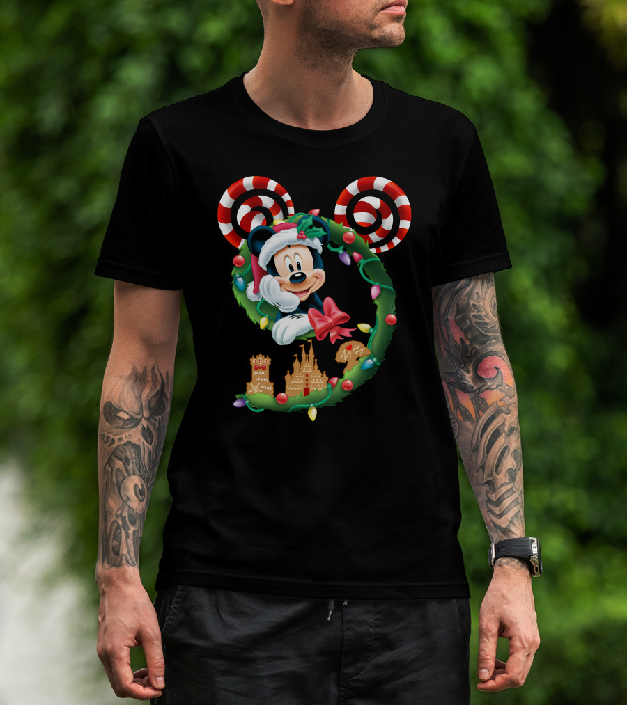 Mickey Mouse Christmas Holiday Wreath Candy Cane Ear Gingerbread House T-Shirt