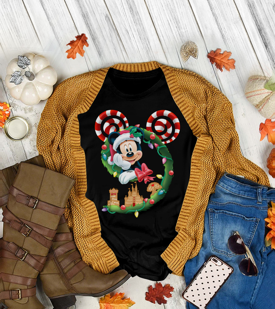 Mickey Mouse Christmas Holiday Wreath Candy Cane Ear Gingerbread House T-Shirt