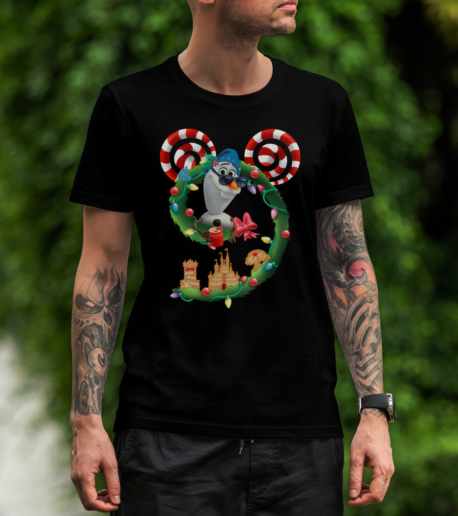 Olaf Holiday Wreath With Candy Cane Ears And Gingerbread Castles T-Shirt