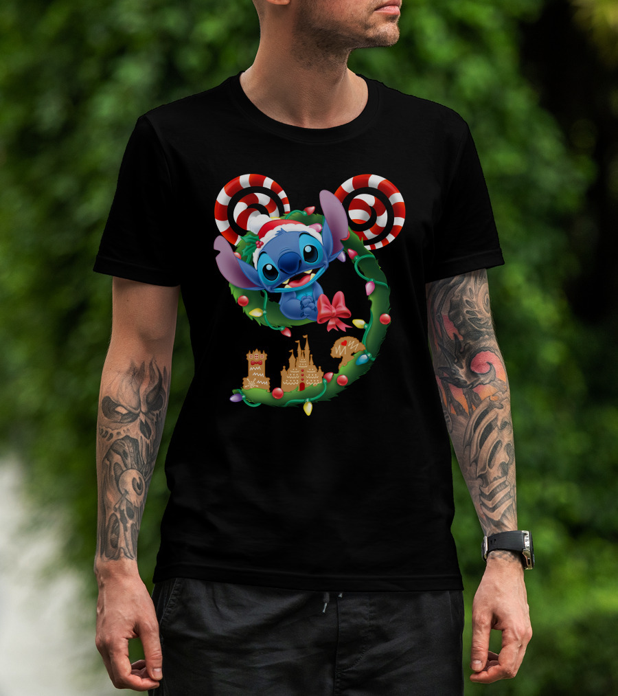 Stitch Christmas Wreath With Candy Canes And Gingerbread Castle T-Shirt