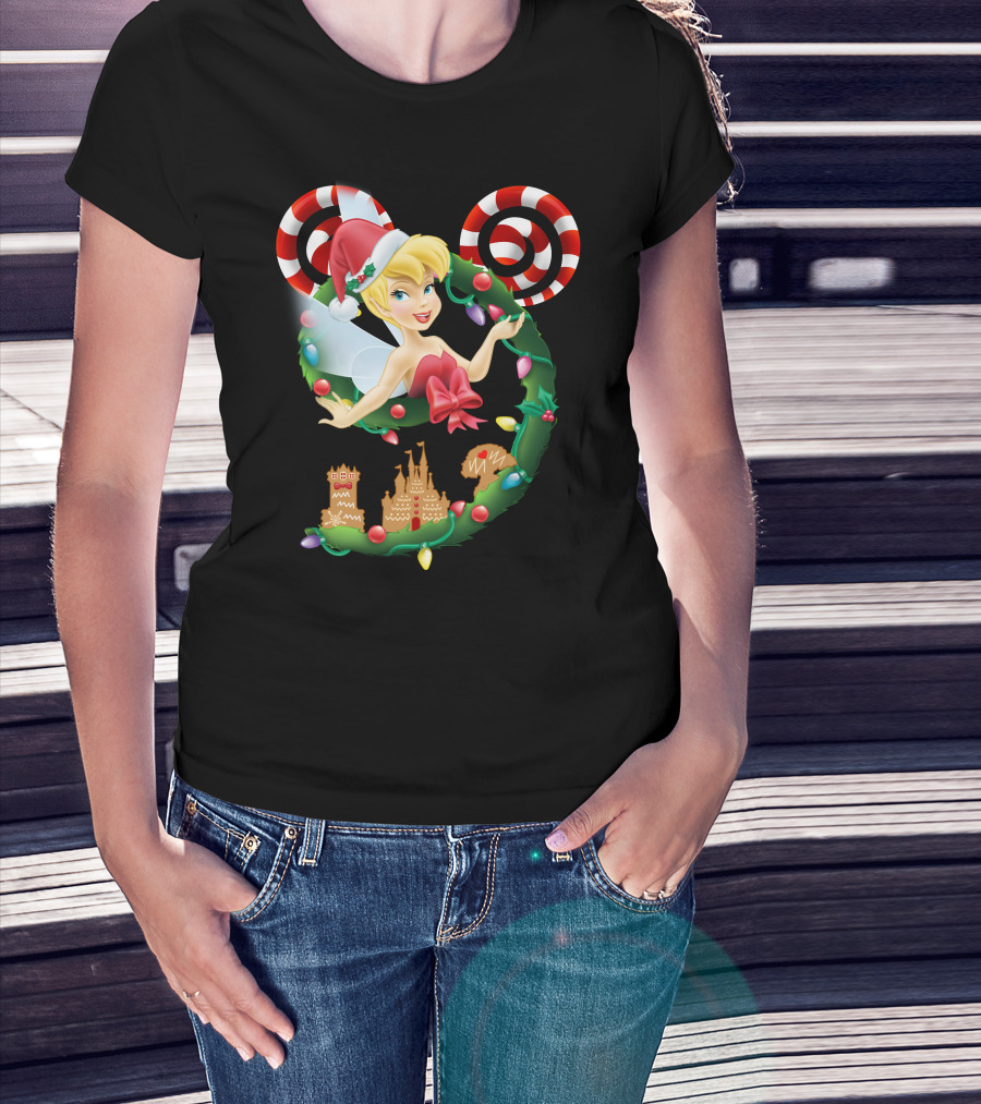 Tinkerbell Christmas Mickey Wreath With Candy Canes And Castle T-Shirt
