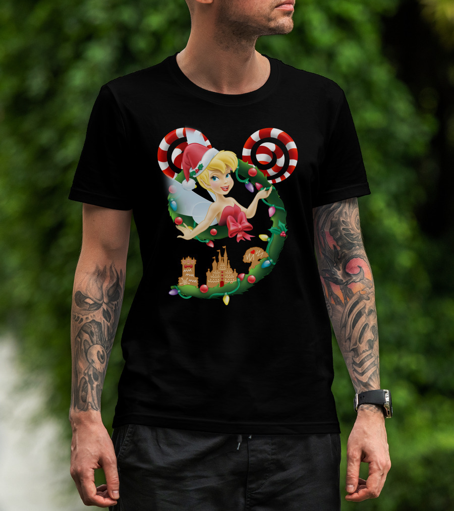 Tinkerbell Christmas Mickey Wreath With Candy Canes And Castle T-Shirt