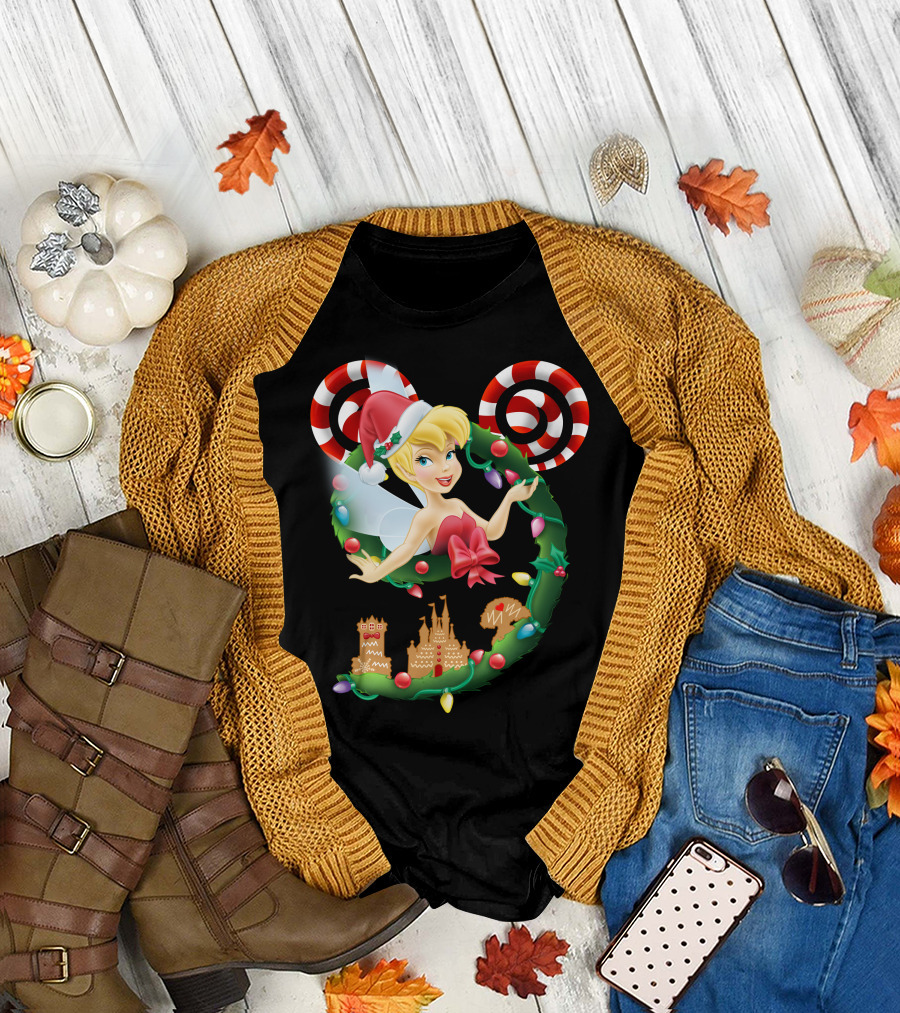 Tinkerbell Christmas Mickey Wreath With Candy Canes And Castle T-Shirt