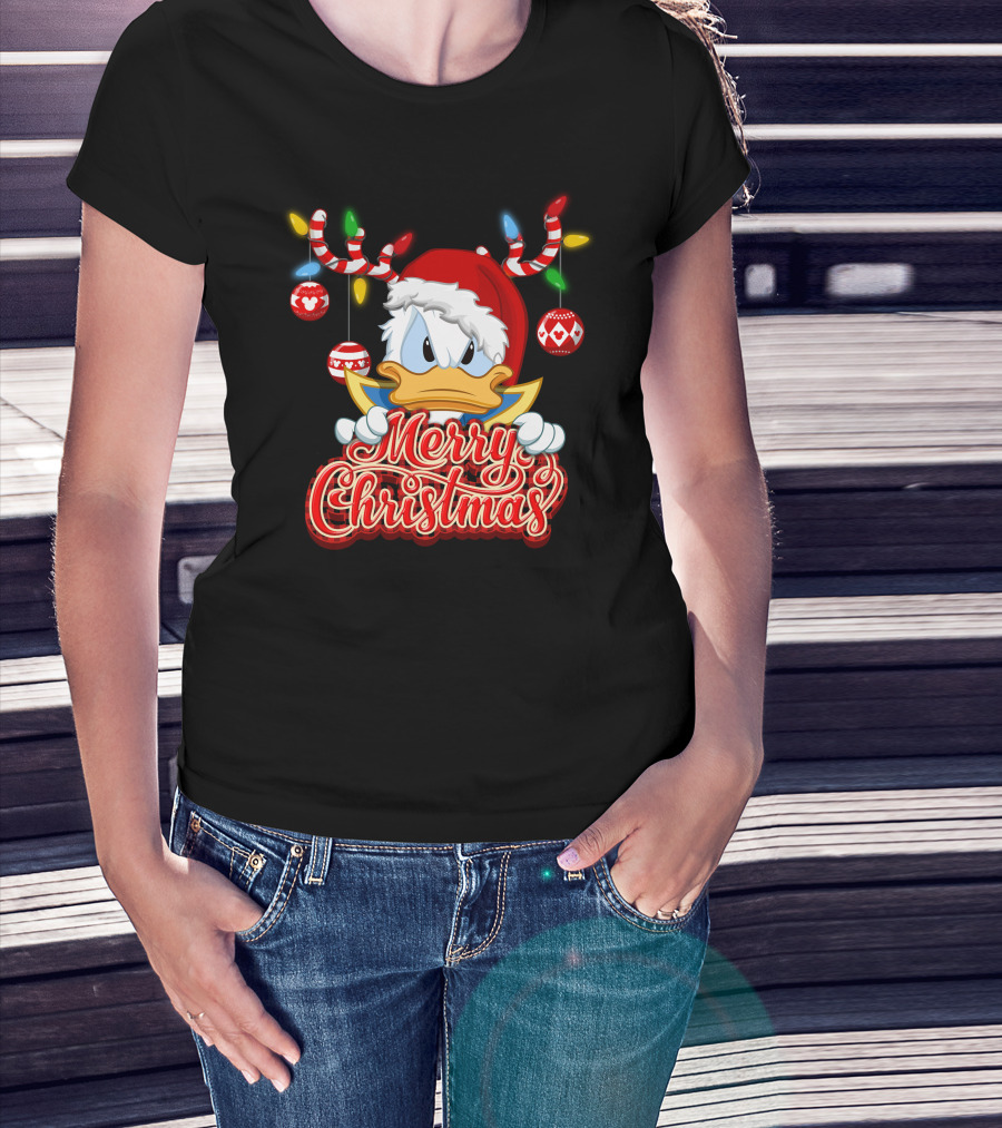 Merry Christmas Donald Wearing Santa Hat And Reindeer Antlers T-Shirt