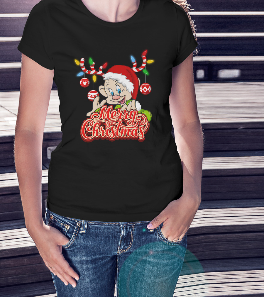 Merry Christmas Dopey Reindeer Antlers And Santa Hat With Christmas Ornaments T-Shirt