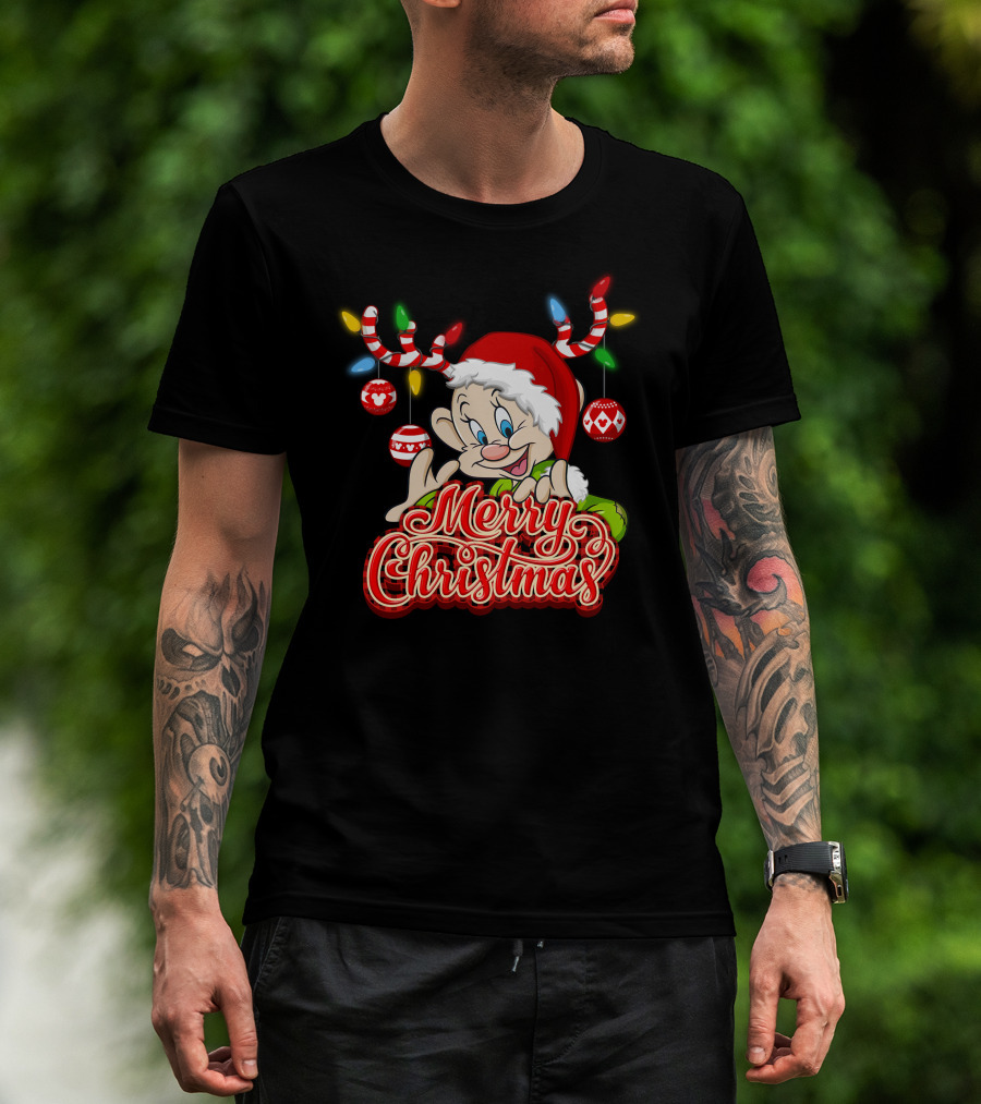 Merry Christmas Dopey Reindeer Antlers And Santa Hat With Christmas Ornaments T-Shirt