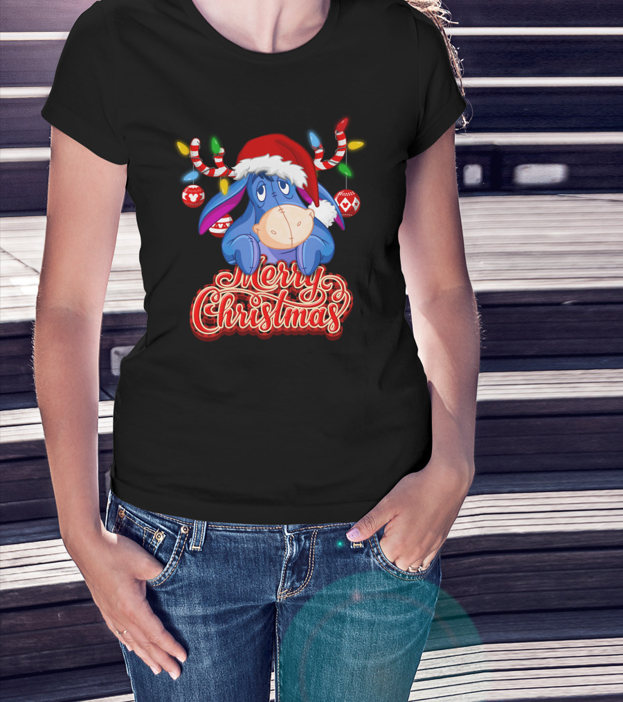 Eeyore Merry Christmas Santa Hat Reindeer Lights T-Shirt