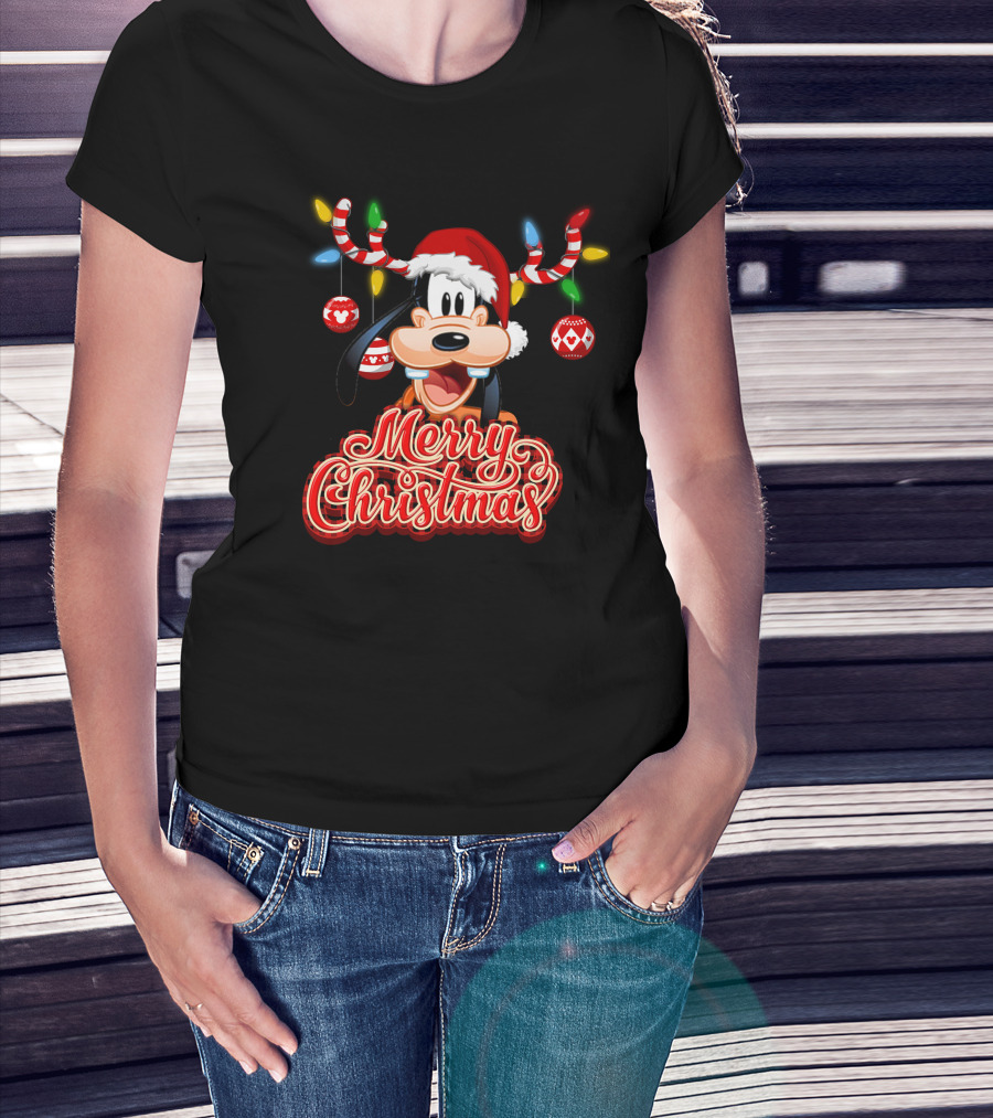 Merry Christmas Goofy Santa Hat Lights Antlers T-Shirt