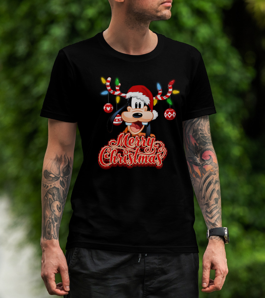 Merry Christmas Goofy Santa Hat Lights Antlers T-Shirt