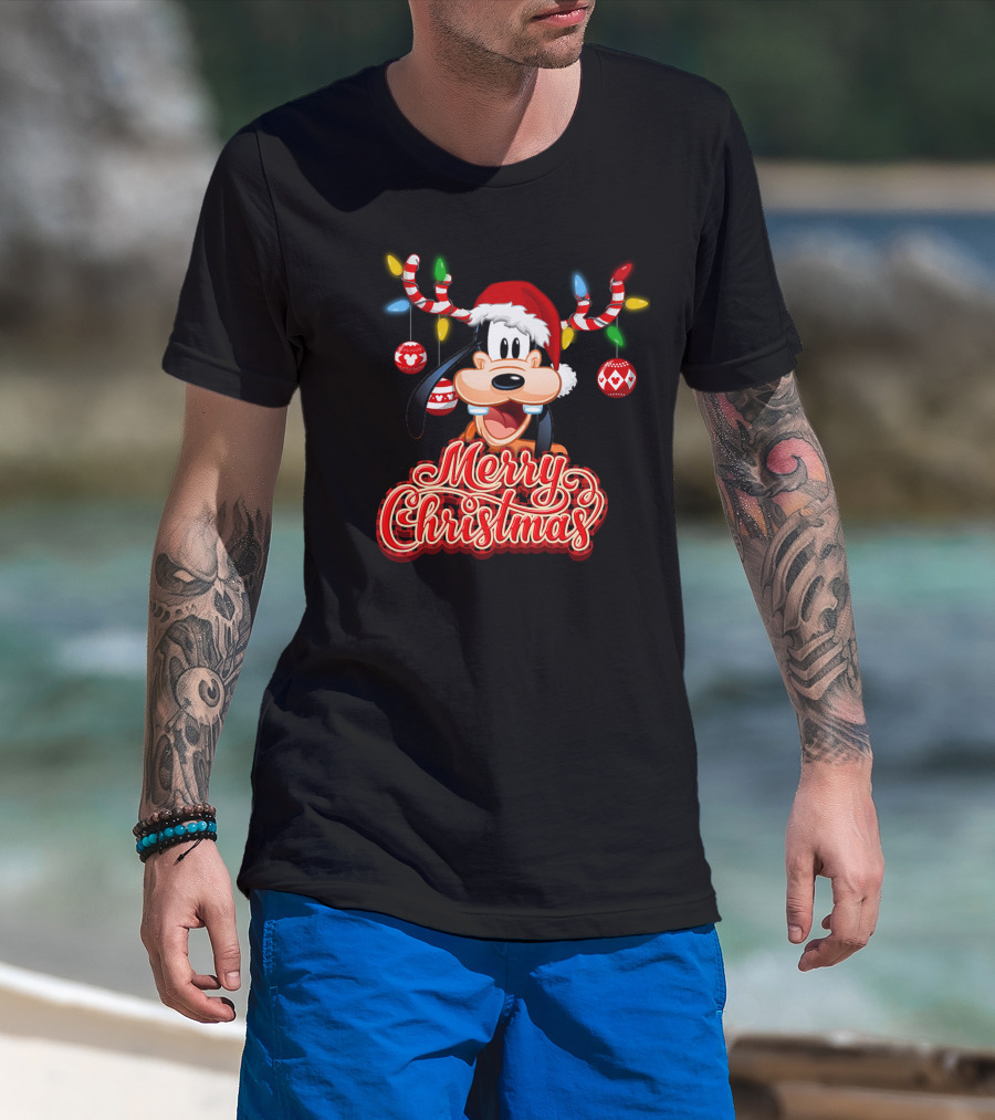 Merry Christmas Goofy Santa Hat Lights Antlers T-Shirt
