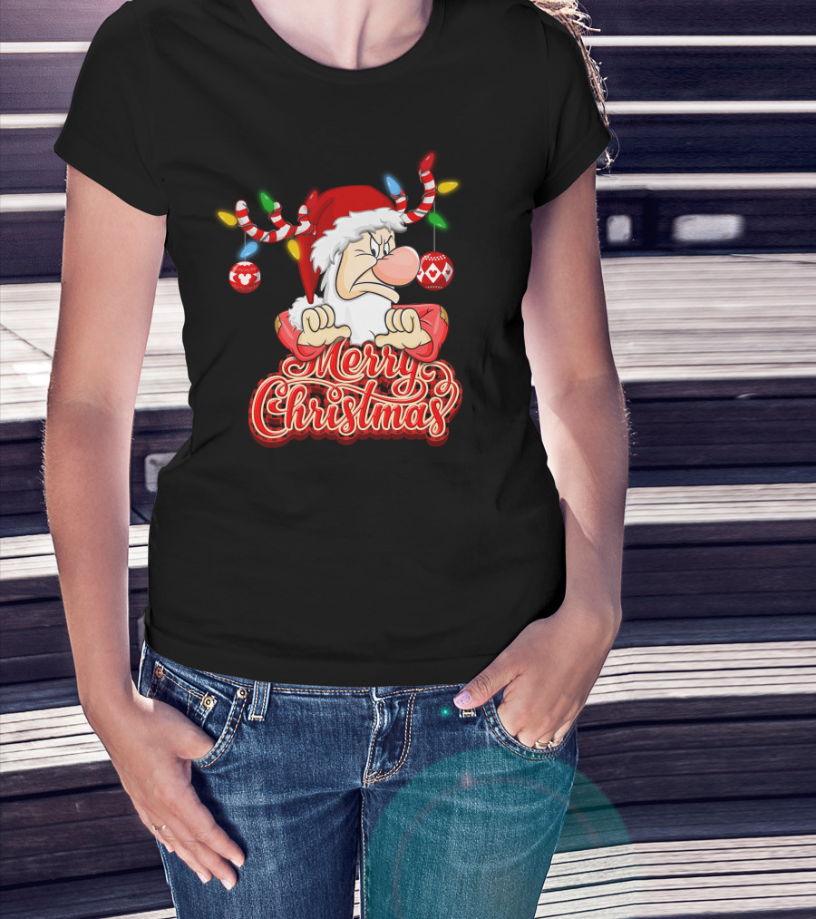 Grumpy Merry Christmas Santa With Reindeer Antlers And Festive Ornaments T-Shirt