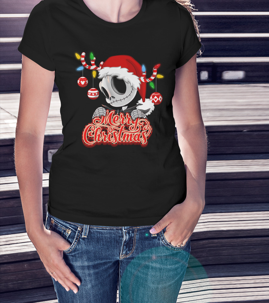 Merry Christmas Santa Jack Skellington With Candy Cane Lights And Ornaments T-Shirt