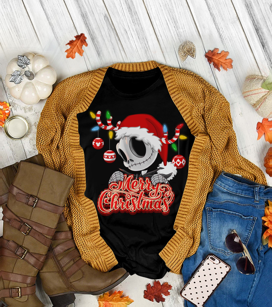 Merry Christmas Santa Jack Skellington With Candy Cane Lights And Ornaments T-Shirt