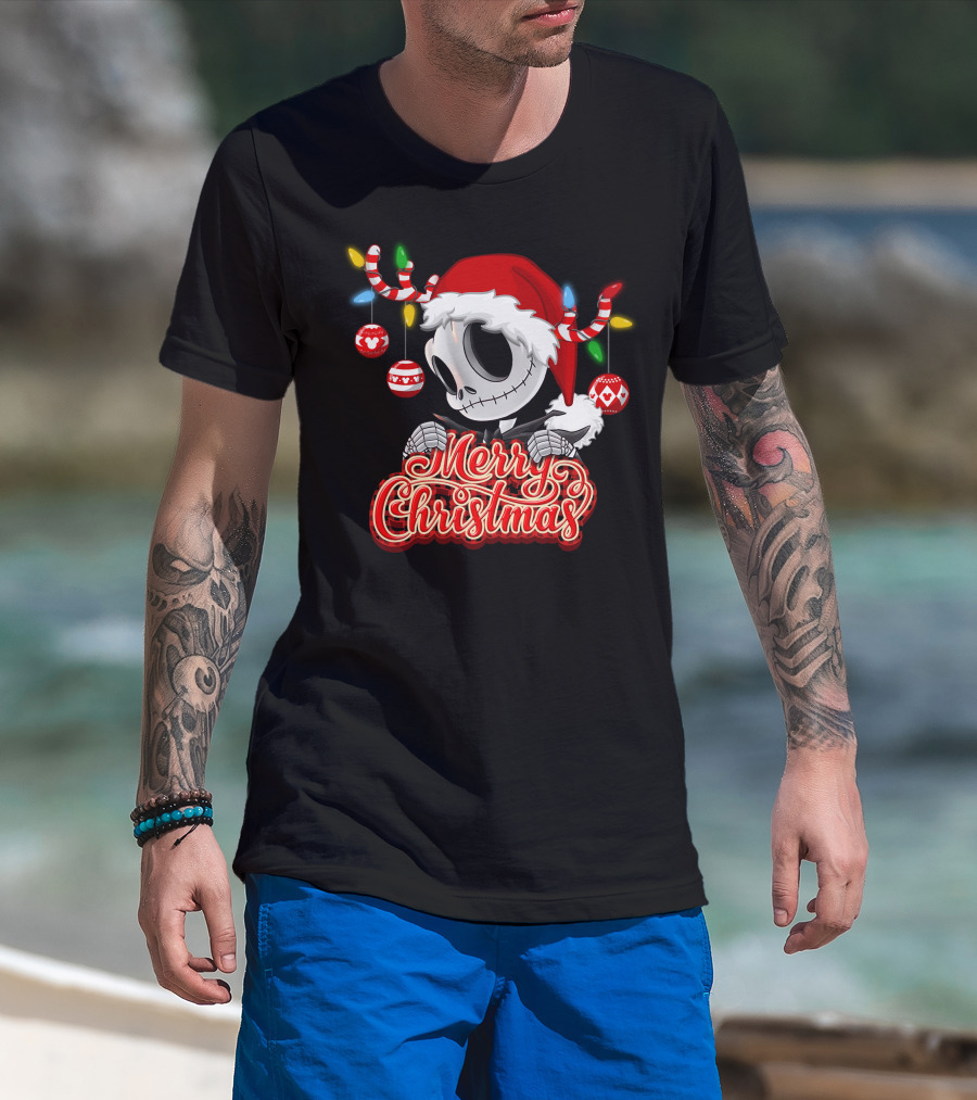 Merry Christmas Santa Jack Skellington With Candy Cane Lights And Ornaments T-Shirt
