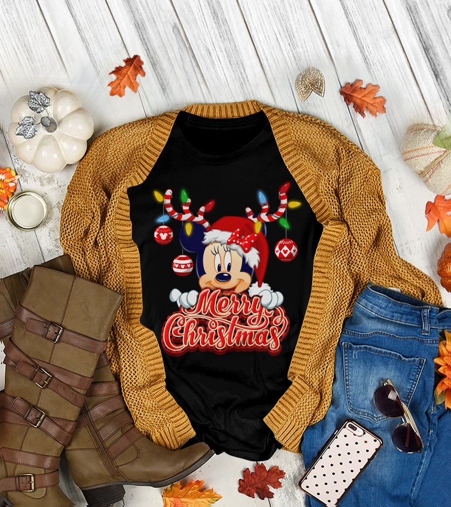 Minnie Mouse Merry Christmas Holiday Lights And Ornaments T-Shirt