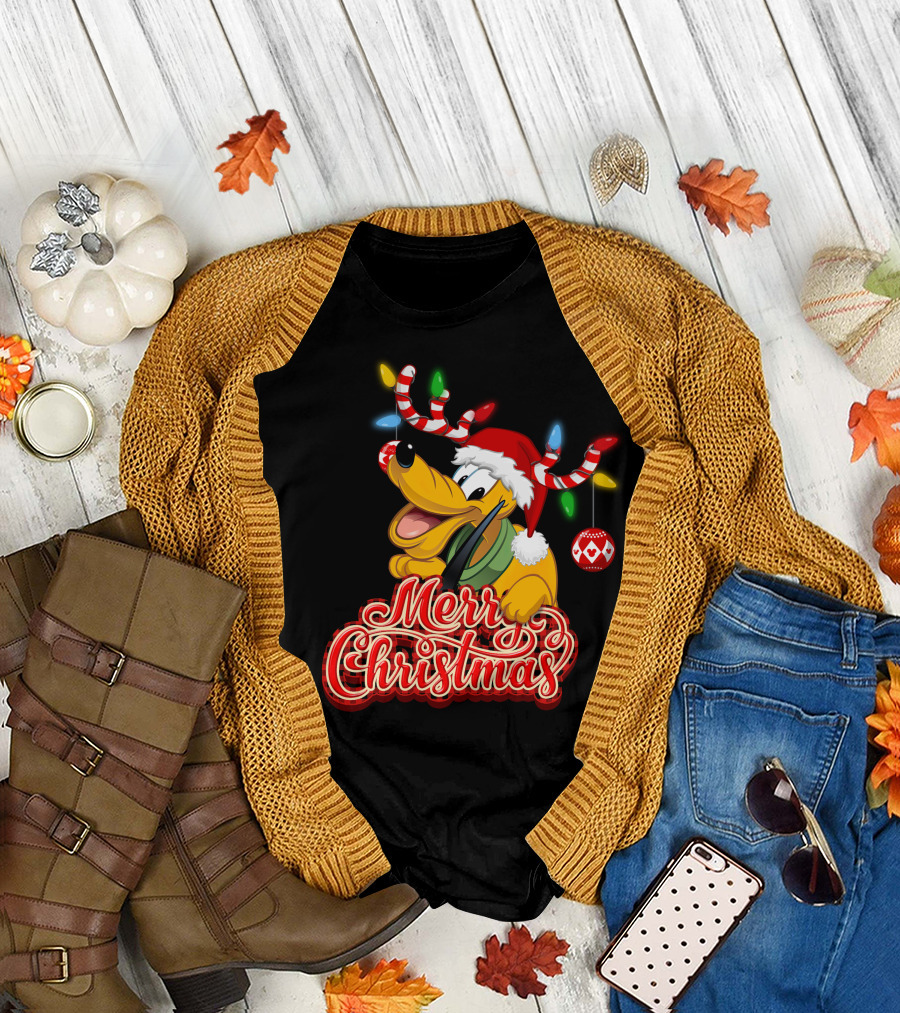 Merry Christmas Pluto Holiday Antlers And Santa Hat T-Shirt