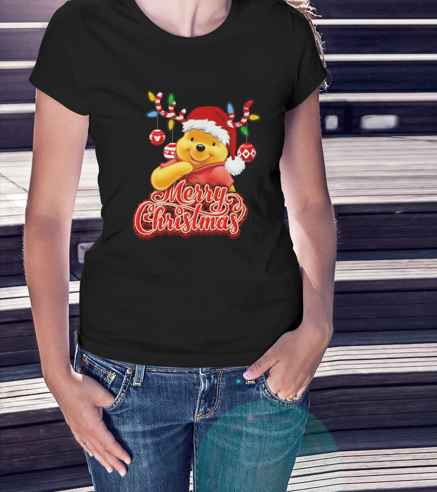 Merry Christmas Pooh Santa Hat Festive Lights Antlers T-Shirt