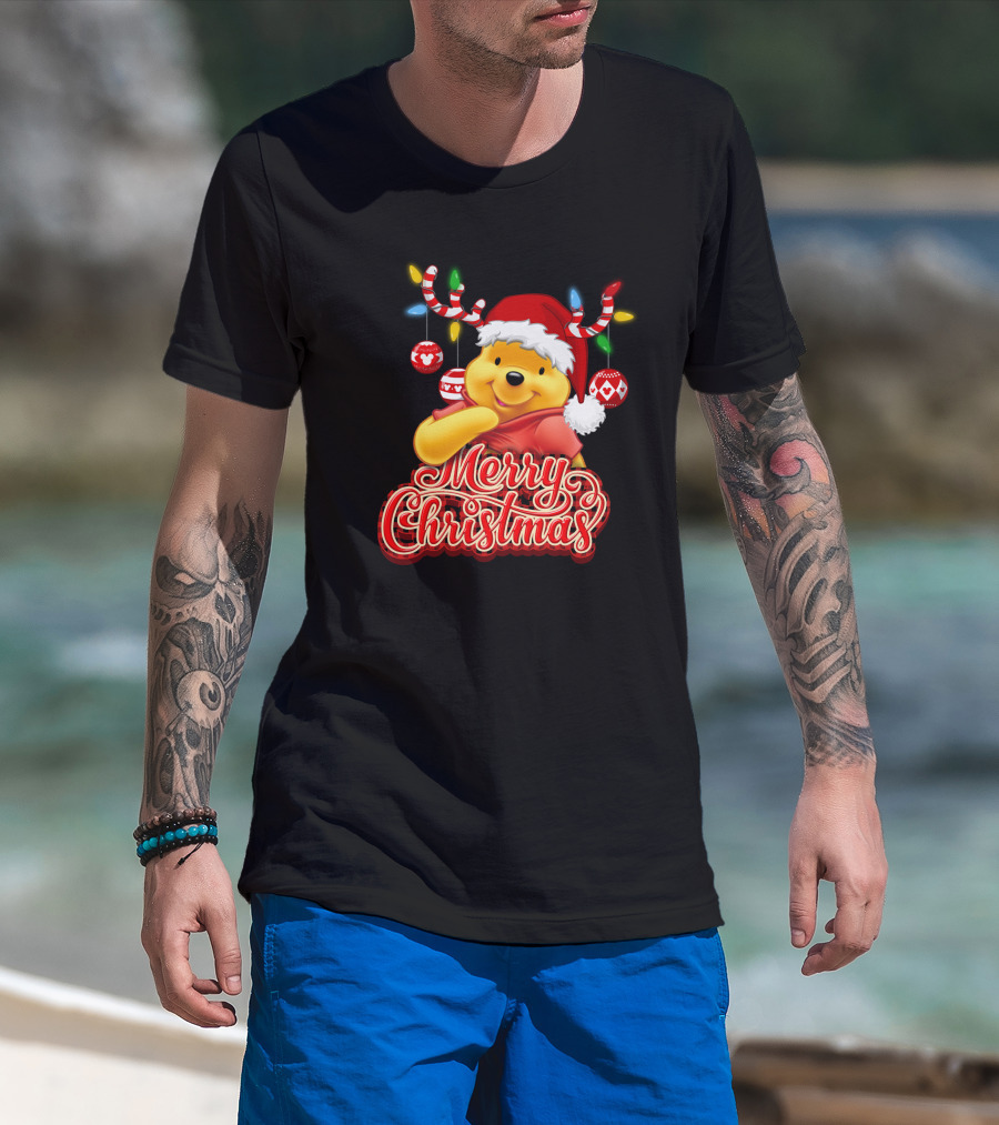 Merry Christmas Pooh Santa Hat Festive Lights Antlers T-Shirt
