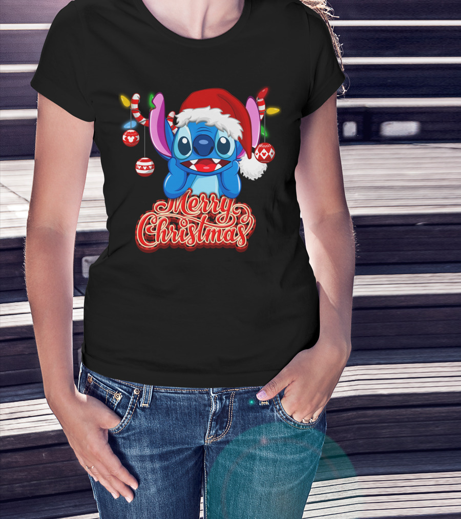 Merry Christmas Stitch Santa Hat Ornaments T-Shirt