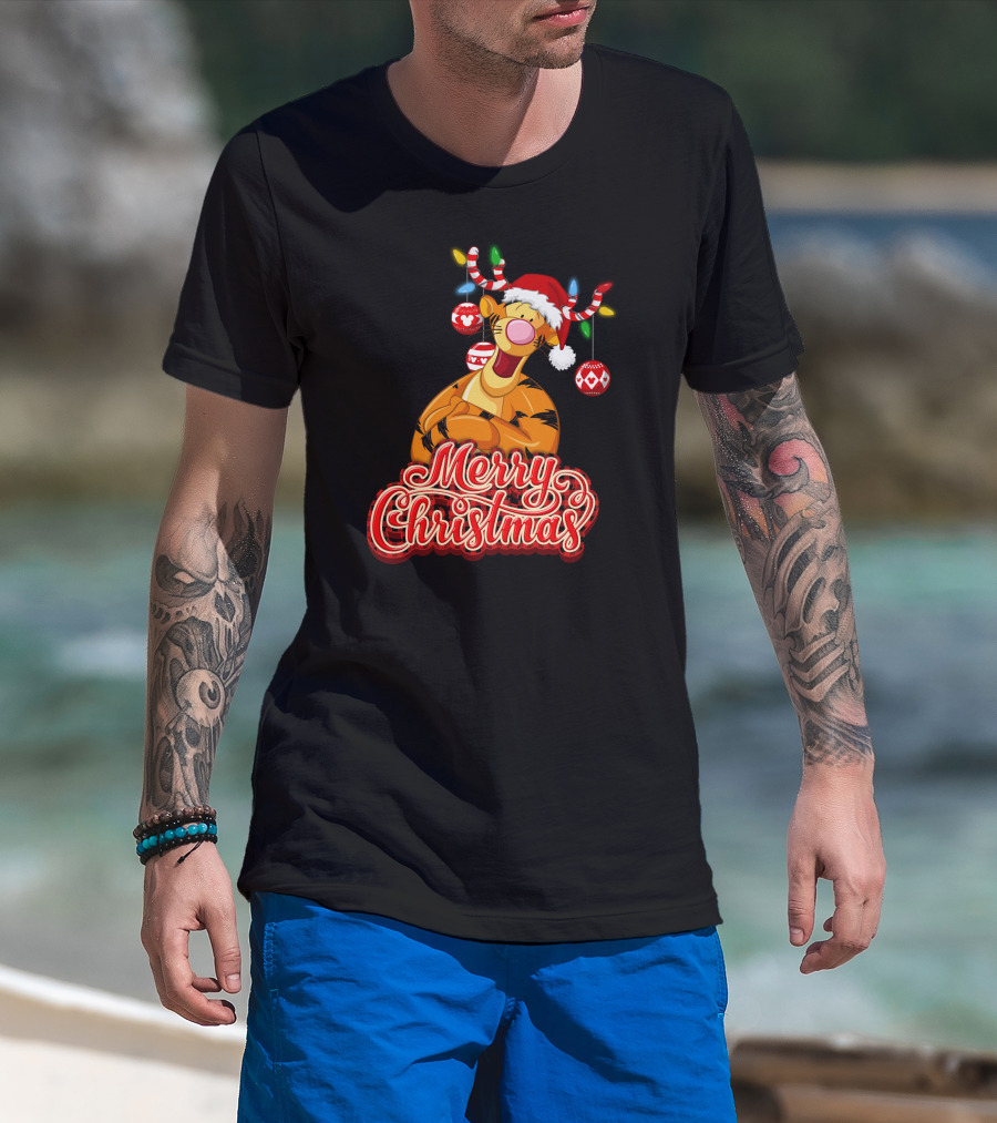 Merry Christmas Tigger Santa Hat Festive Lights And Ornaments T-Shirt