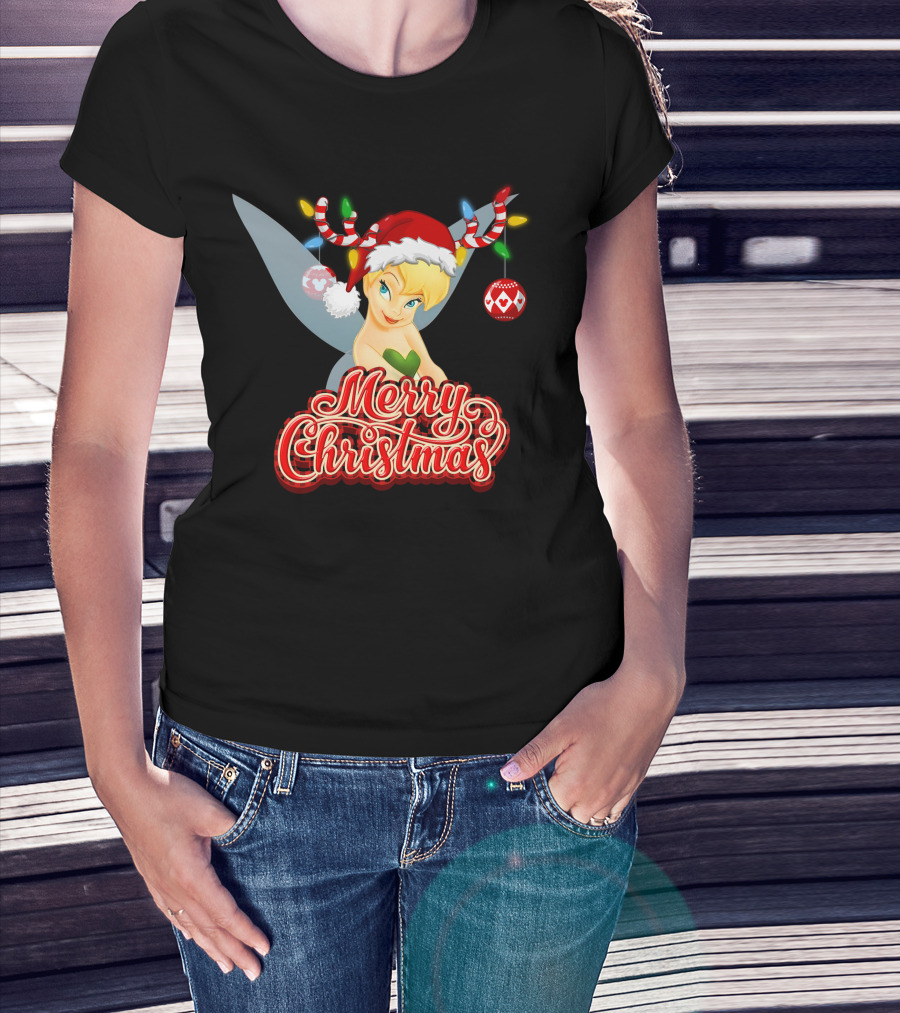 Merry Christmas Tinkerbell Santa Hat Reindeer Antlers Lights Holiday T-Shirt