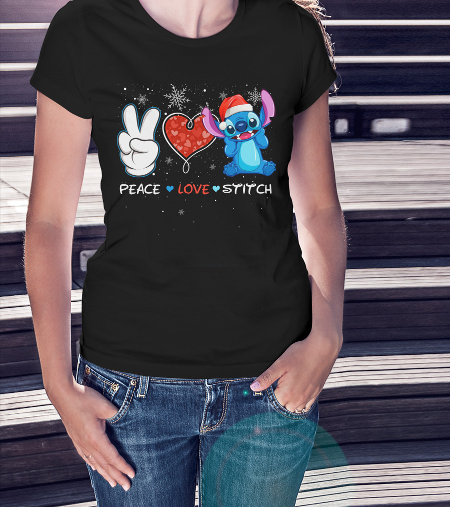 Peace Love Stitch Christmas Santa Hat T-Shirt