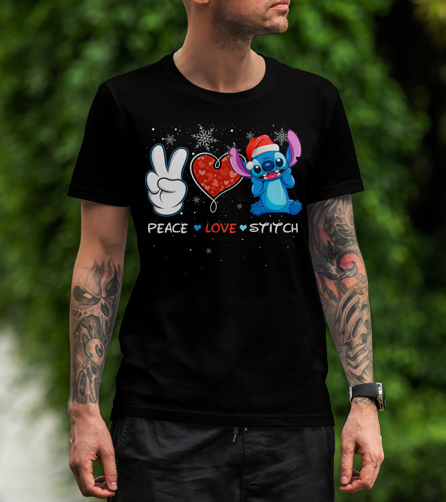 Peace Love Stitch Christmas Santa Hat T-Shirt
