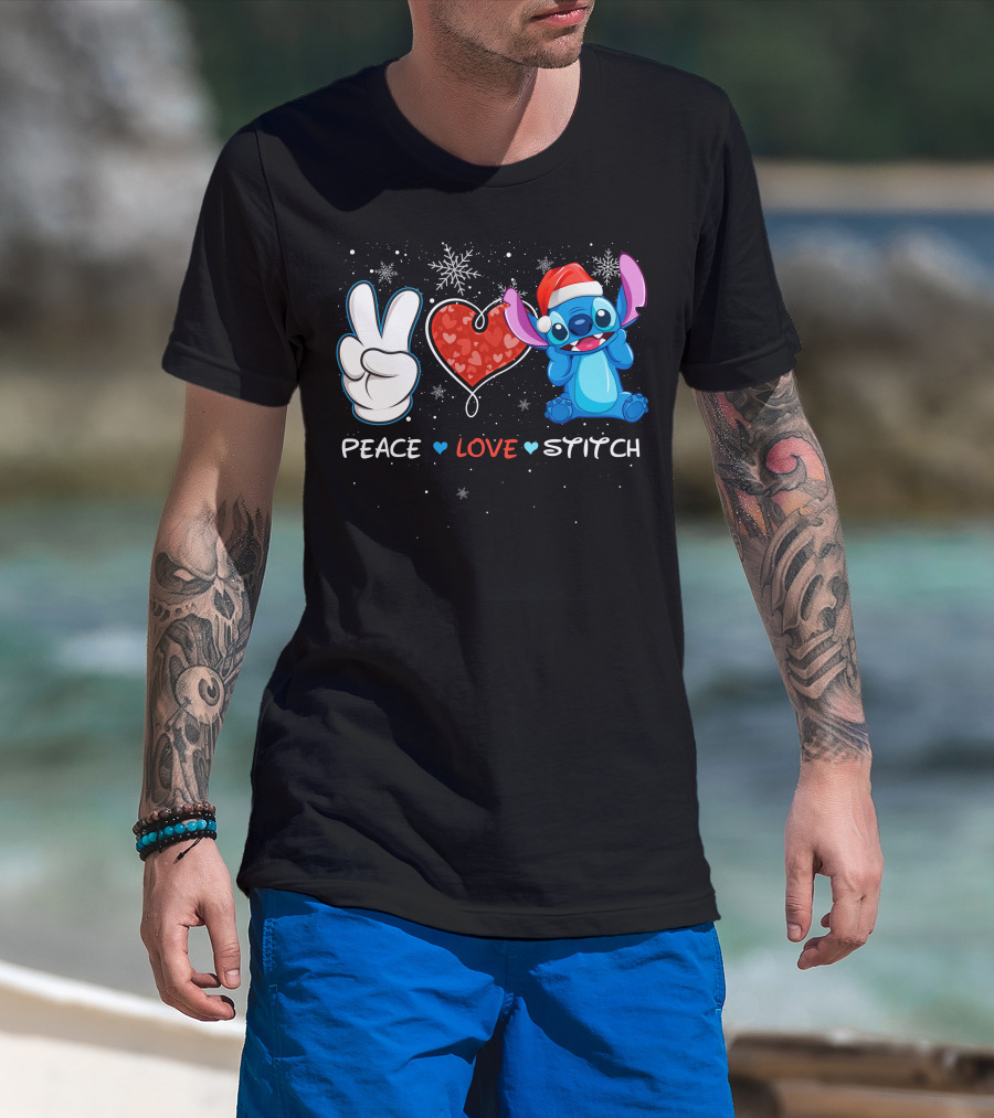 Peace Love Stitch Christmas Santa Hat T-Shirt
