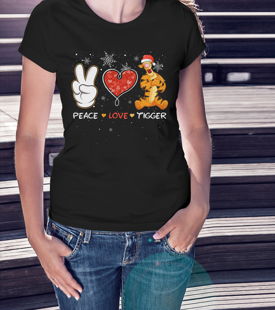 Peace Love Tigger Santa Hat Snowflakes T-Shirt