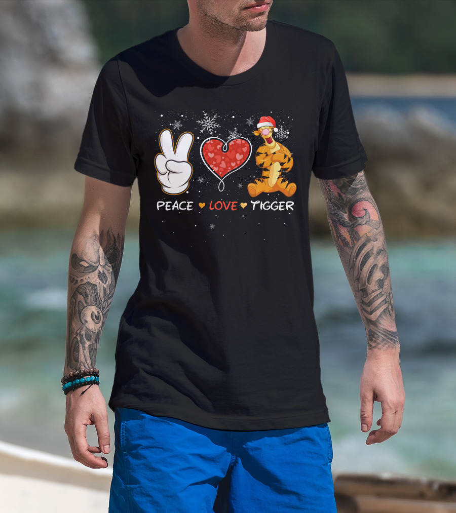 Peace Love Tigger Santa Hat Snowflakes T-Shirt