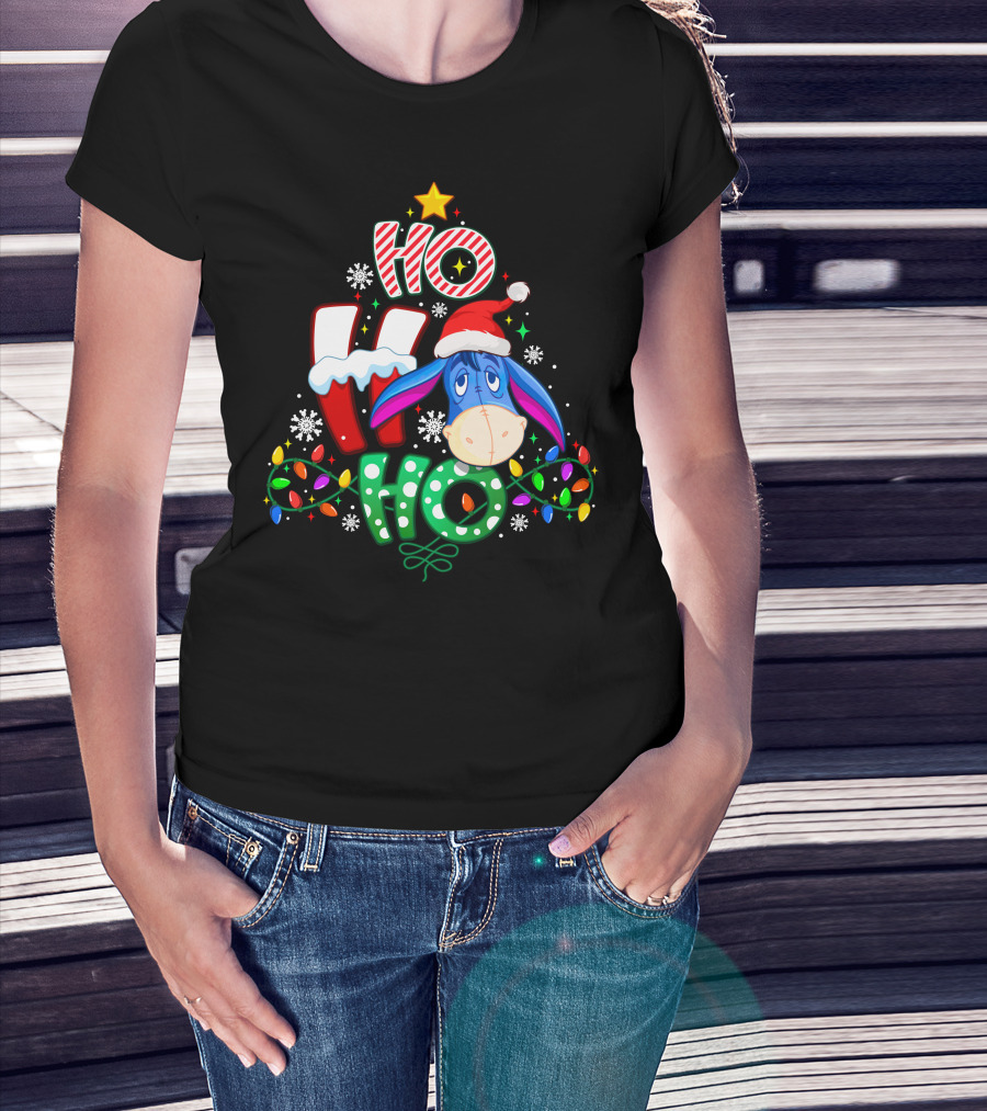 Ho Ho Ho Christmas Eeyore Santa Hat Lights Snowflakes T-Shirt