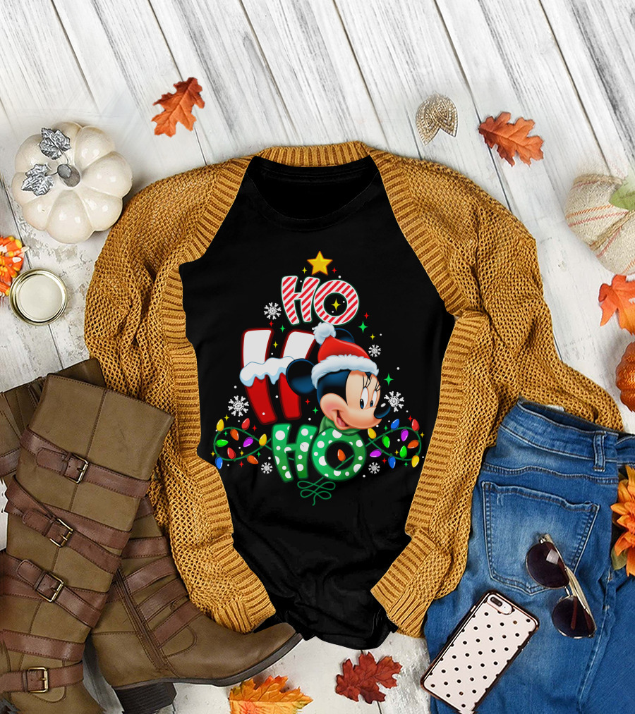 Minnie Mouse Ho Ho Ho Christmas Holiday Lights Snowflakes Santa Hat T-Shirt