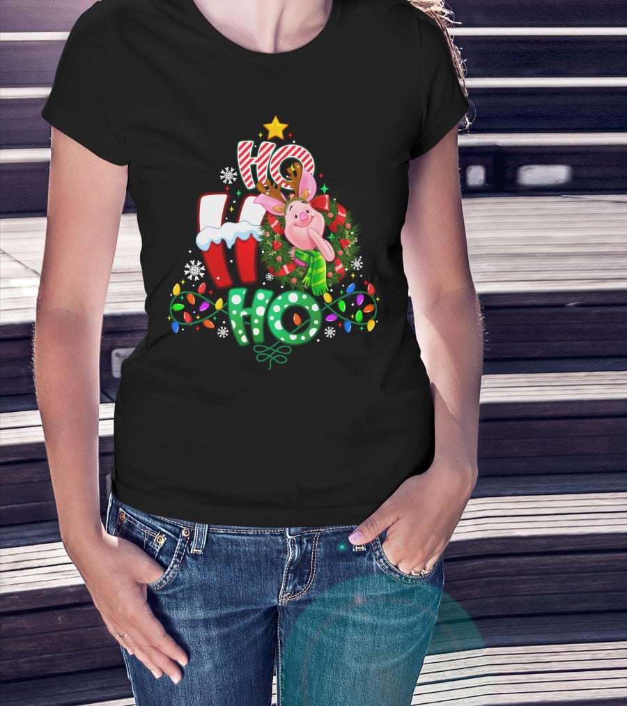 Ho Ho Ho Christmas Piglet Reindeer Lights Snowflakes T-Shirt