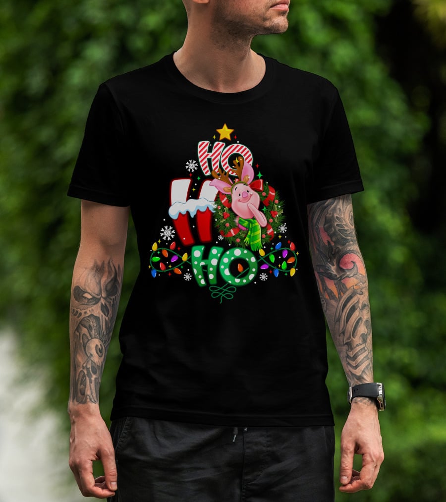 Ho Ho Ho Christmas Piglet Reindeer Lights Snowflakes T-Shirt