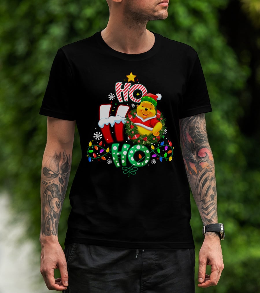 Ho Ho Ho Pooh Christmas Lights Snowflakes Wreath Santa Hat T-Shirt