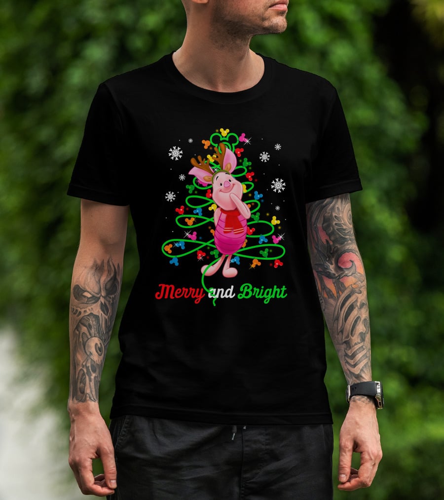 Merry And Bright Piglet Reindeer Christmas Tree Snowflakes T-Shirt