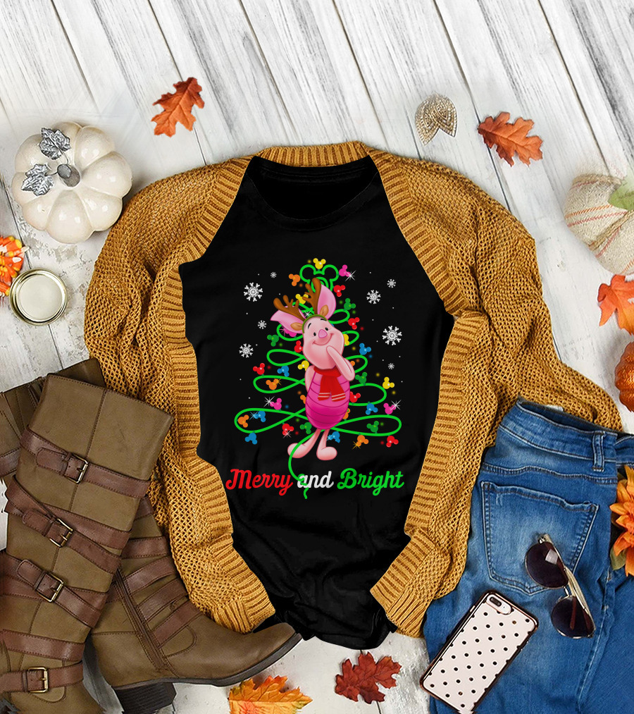 Merry And Bright Piglet Reindeer Christmas Tree Snowflakes T-Shirt