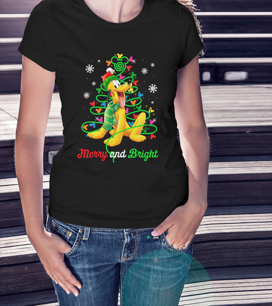 Pluto Merry And Bright Holiday Lights Mickey Snowflakes T-Shirt