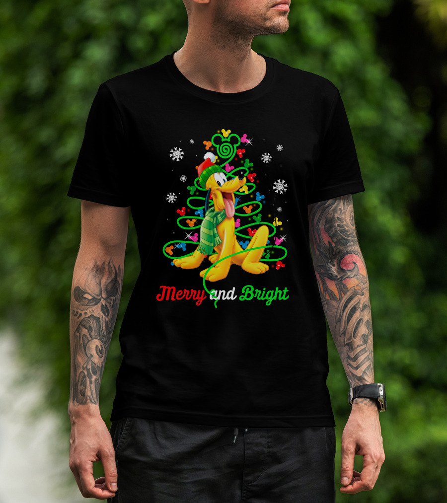 Pluto Merry And Bright Holiday Lights Mickey Snowflakes T-Shirt