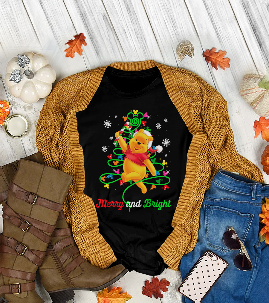 Merry And Bright Pooh Christmas Tree With Candy Cane And Mickey Mouse Ears T-Shirt