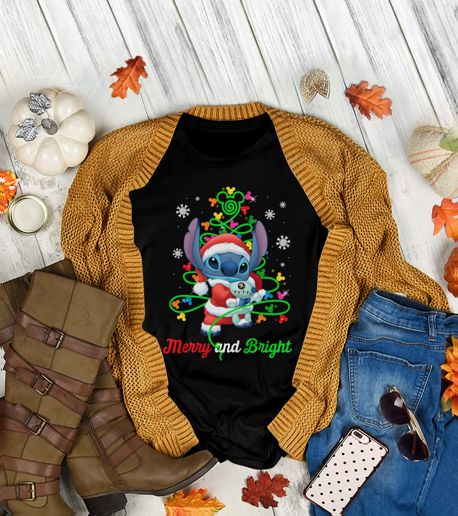 Merry And Bright Stitch Christmas Mickey Tree T-Shirt