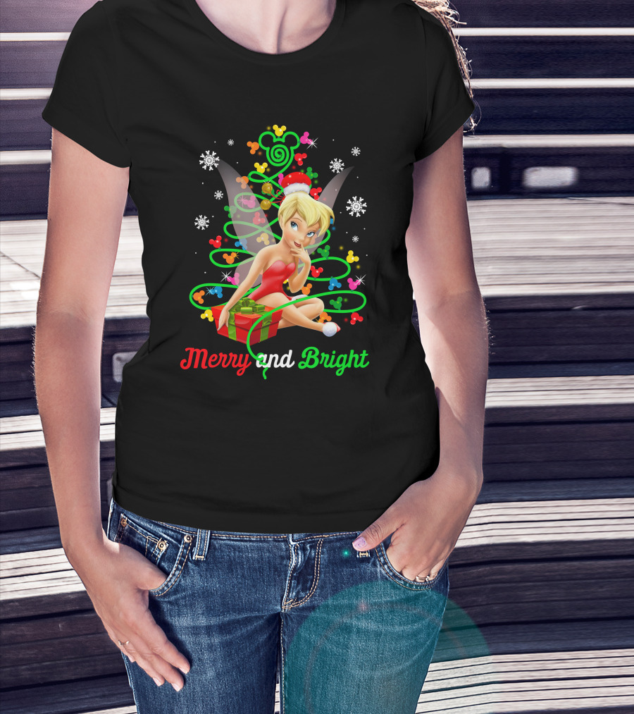 Merry And Bright Christmas Tinkerbell With Holiday Gift And Snowflakes T-Shirt