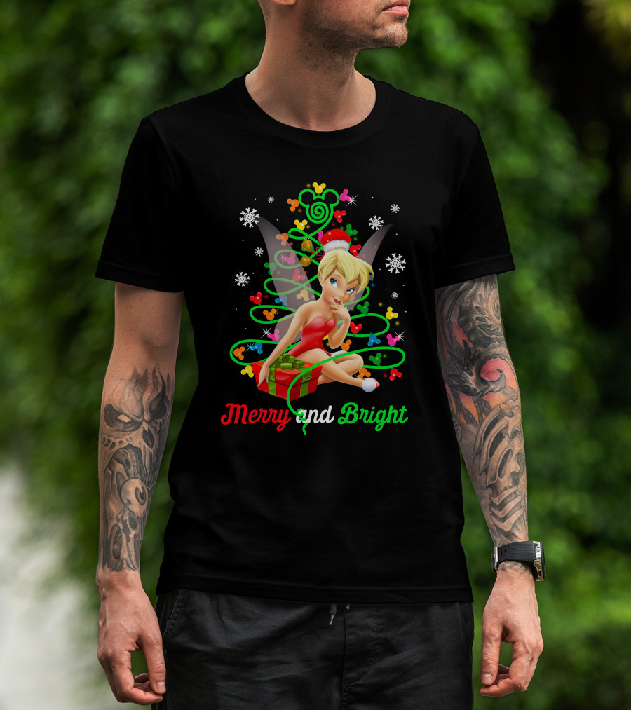 Merry And Bright Christmas Tinkerbell With Holiday Gift And Snowflakes T-Shirt