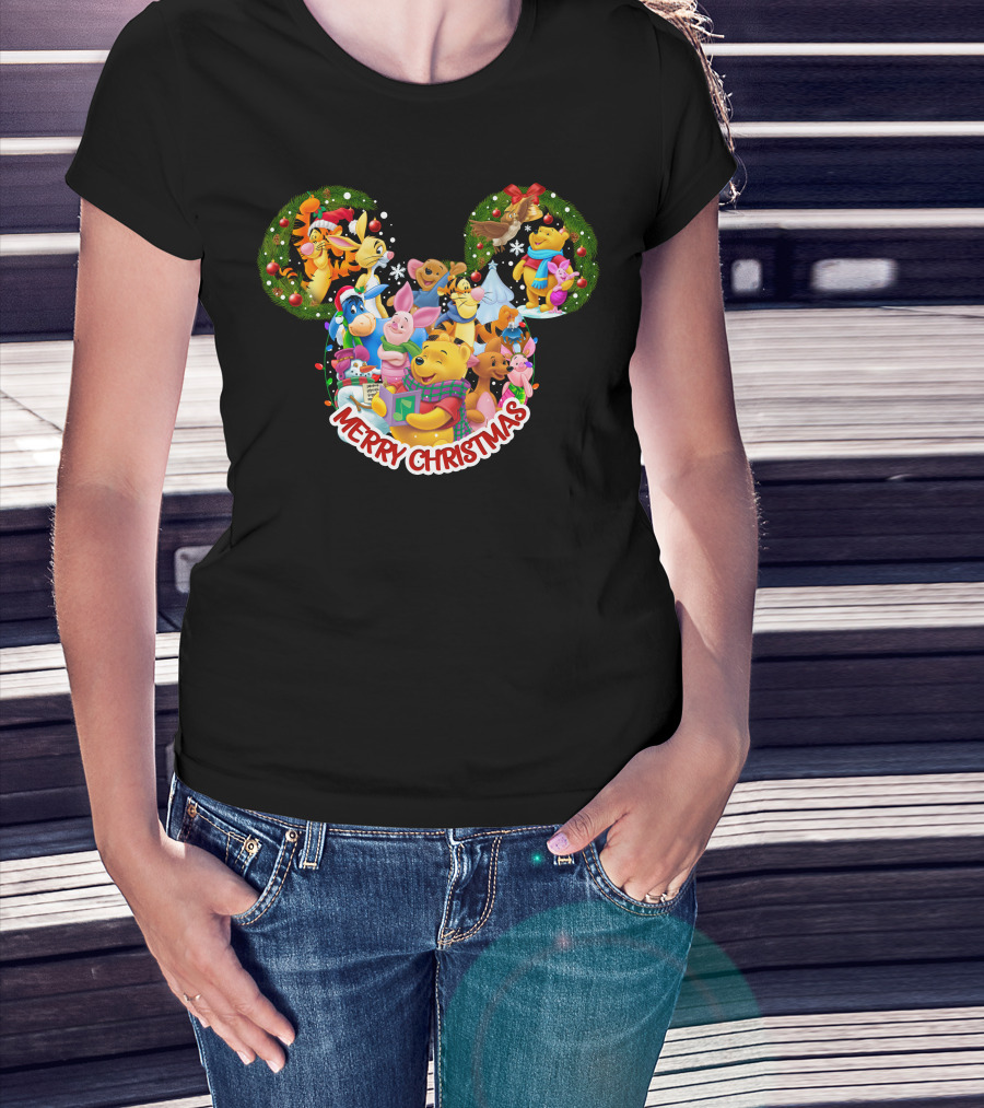 Merry Christmas Winnie The Pooh Disney Characters Mickey Ears T-Shirt
