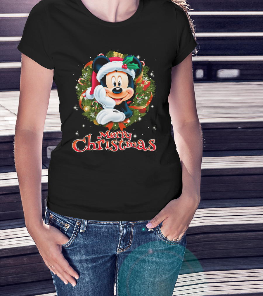 Mickey Merry Christmas Santa Hat With Holly Wreath T-Shirt