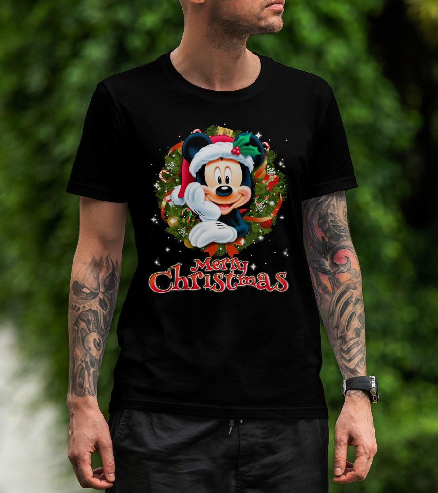 Mickey Merry Christmas Santa Hat With Holly Wreath T-Shirt