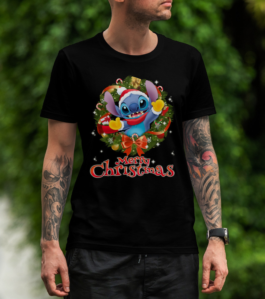 Merry Christmas Stitch Holiday Wreath Santa Hat Candy Cane T-Shirt