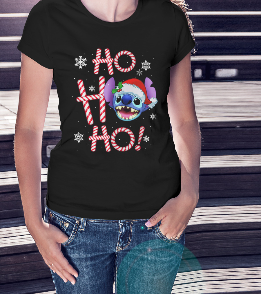 Ho Ho Ho Stitch Santa Hat Snowflakes Candy Cane T-Shirt